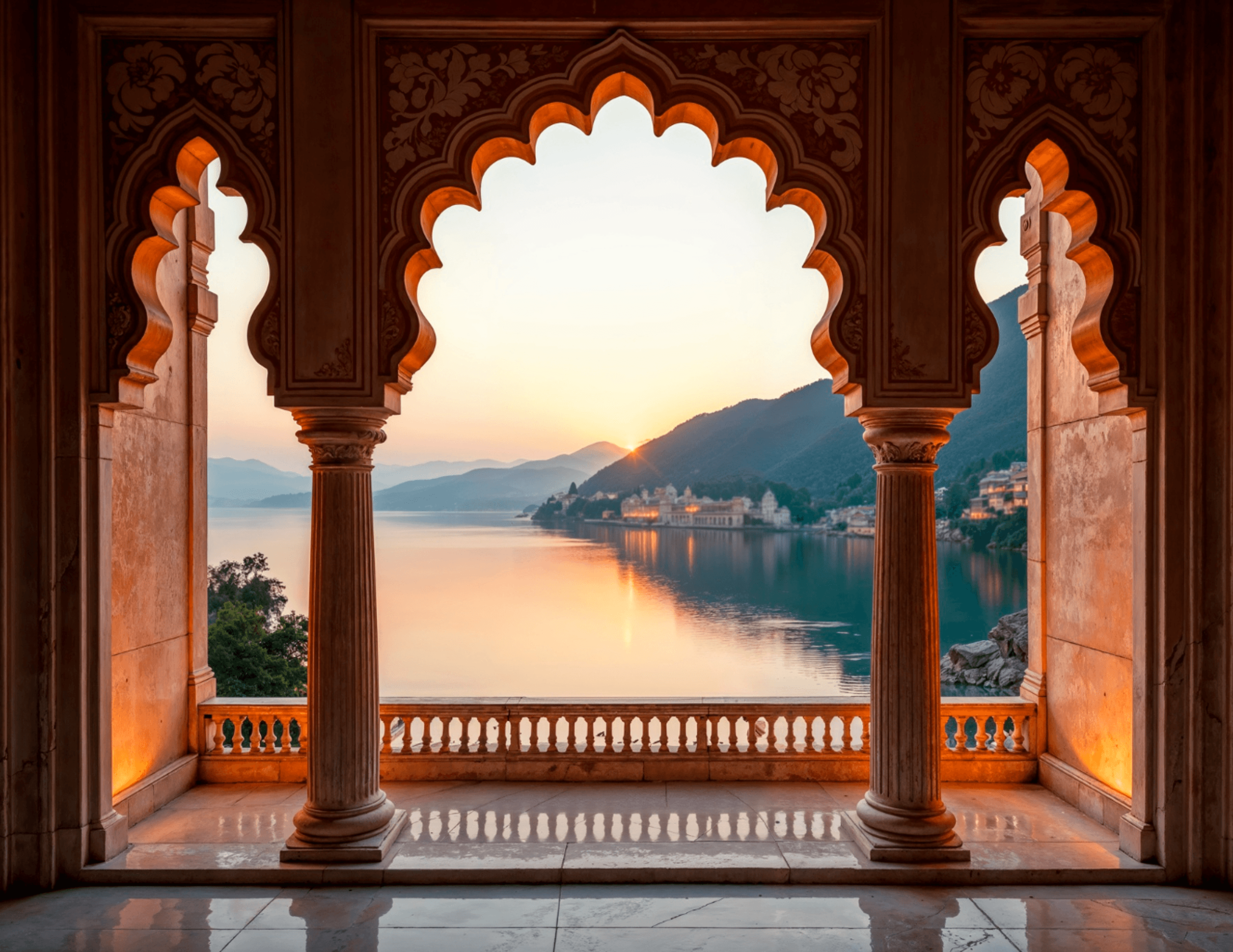 Sunset over a Jaipur lake viewed through ornate Rajasthani arches